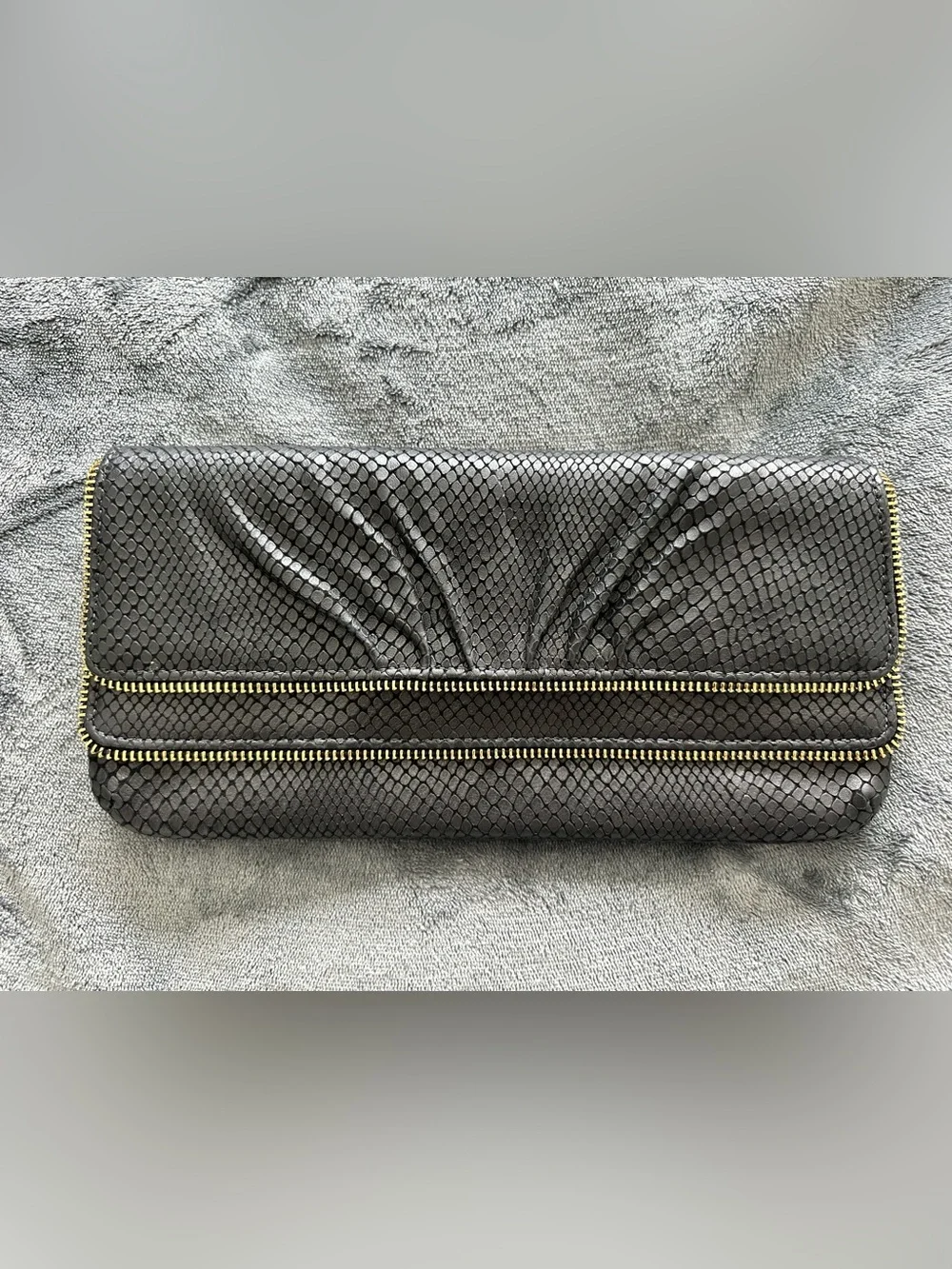 Lauren Merkin Black Snake Embossed Leather Foldover Clutch Gold Zip